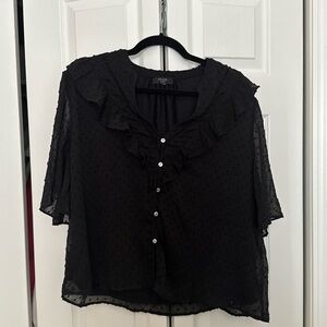 Haver London Black Sheer Swiss Dot Cropped Boho Blouse M